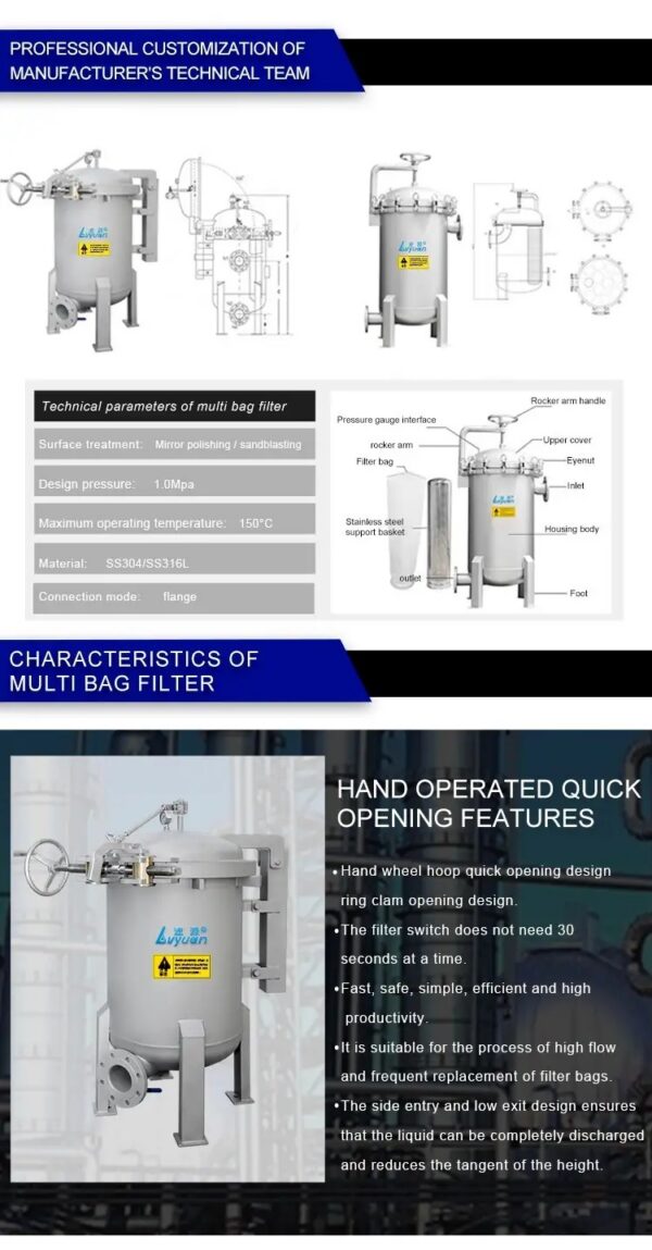 Stainless steel SUS 316L Multi Bag Cartridge Housing